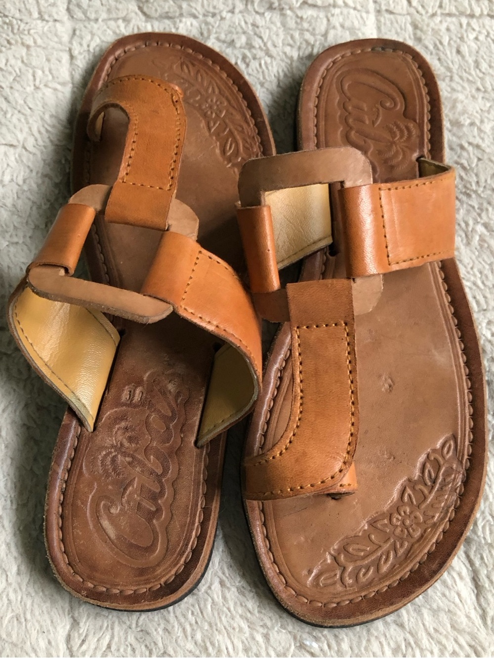 Boho Cuba Stamped Tan Leather Toe-Loop Slide Sandals Size 39 - Picture 4 of 11